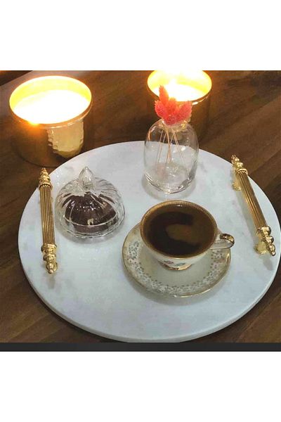 Sümeyra Marble Art Diamond Natural White Marble Presentation Tray | Promise Tray | Coffee Tray | Gold | 28cm |