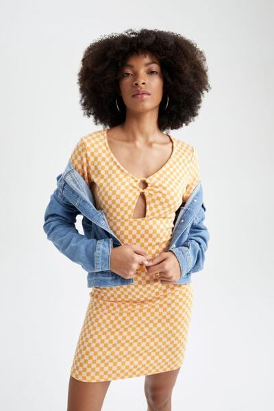 DeFacto Bodycon mini šaty s kulatým výstřihem Gingham s krátkým rukávem