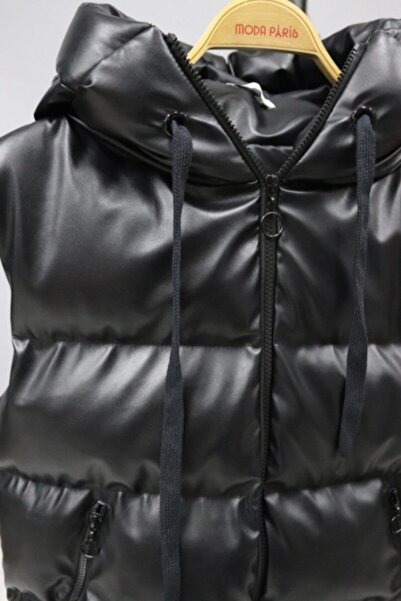 modaparis Жіночий чорний шкіряний пуховик з капюшоном