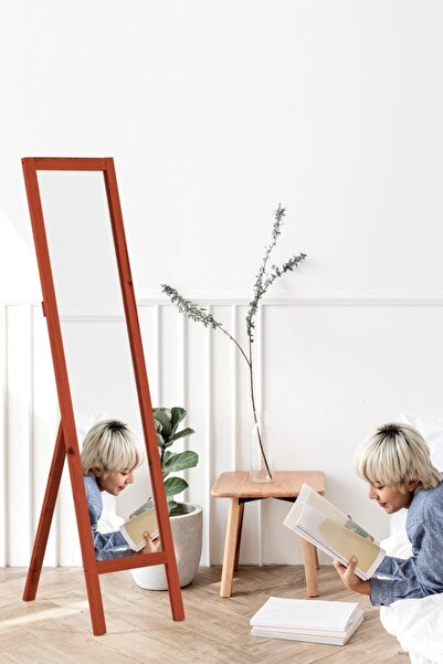 Resmo Marbella 36x143cm Kırmızı Doğal Ağaç Ayaklı Butik Boy Aynası Antre Salo...