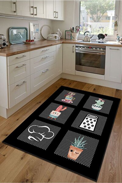 PINKIE HOME Dijital Baskılı Kaymaz Taban Makinede Yıkanabilir Şef Desenli Siy...