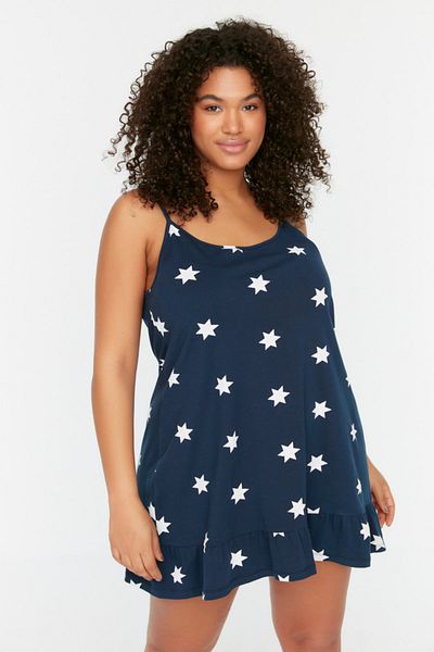 Trendyol Curve Marineblaues Mini-Nachthemd mit Sternmuster und Trägern TBBSS22GC0049
