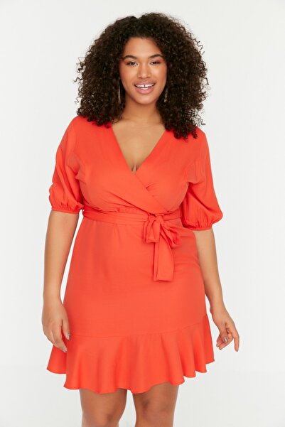 Trendyol Curve Orange Belted Woven Double Breasted Closure Dress TBBSS22EL0541