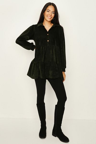 Select Moda Women's Khaki Skirt Flounced Velvet Tunic Dress