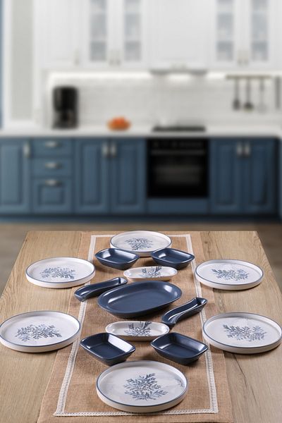 Keramika Blue Magic Leaf Patterned 15 Piece Breakfast Set for 6 People