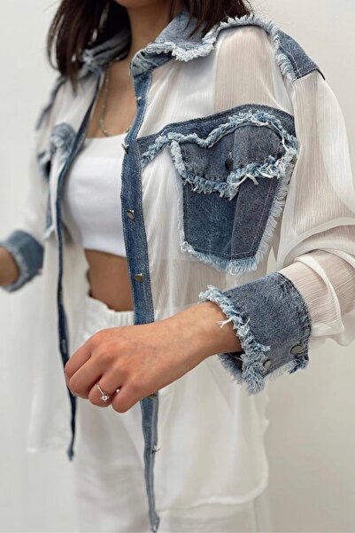 FEMELLE Dámská bílá džínová detailní tylová košile