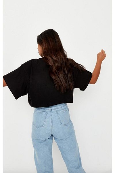 Mambo Γυναικείο μπλουζάκι ασπρόμαυρο Oversize χτενισμένο βαμβακερό Crop T-shirt