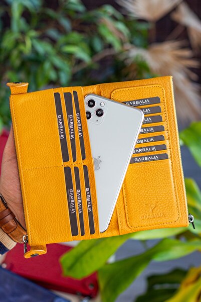 Garbalia Roosevelt Deri Telefon Bölmeli El Saplı Hardal Sarısı Unisex Portföy Cüzdan