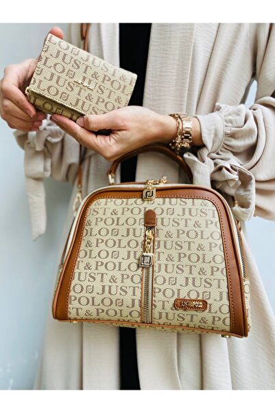 Just Polo طقم حقيبة نسائية باللون البني وحامل بطاقات