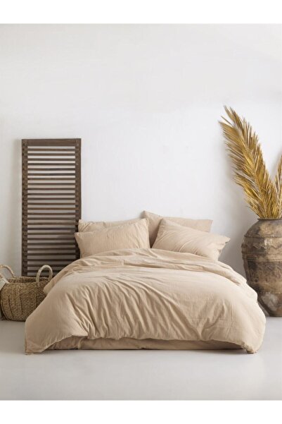 Sheri Home Tekstil Combed Cotton Fitted Sheet And 2 Pieces Stonewash Pillow Case Mediterranean Beige Soft And Vintage 180x200