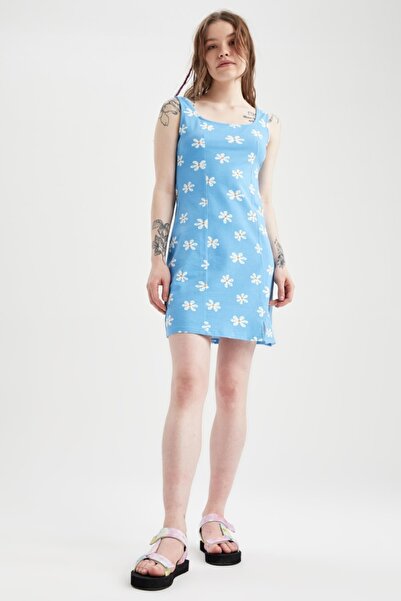 DeFacto Menő Bodycon szögletes nyakú virágmintás nyári miniruha