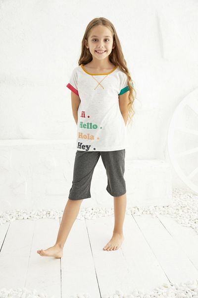 Siyah İnci Γκρι κοντομάνικο Lycra Capri Σετ