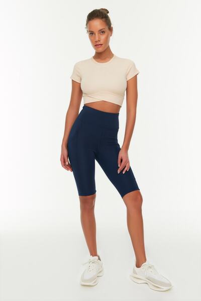 Trendyol Collection Sötétkék Restorer magas derekú zseb részletesen kötött sportmotoros/kerékpáros/rövid leggings TWOAW21TA0064