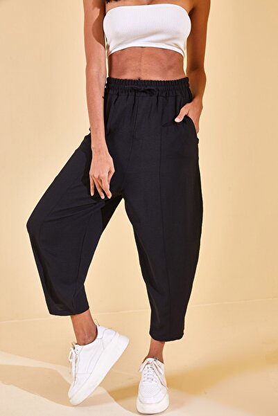 XHAN Γυναικείο μαύρο ελαστικό παντελόνι στη μέση 2YZK5-12595-02