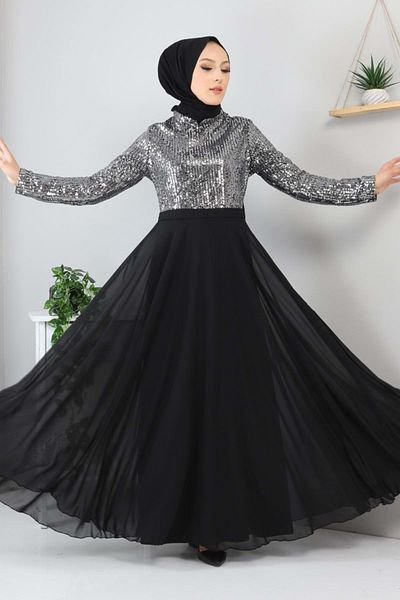 Modamihram Rochie de seara din sifon cu paiete argintiu