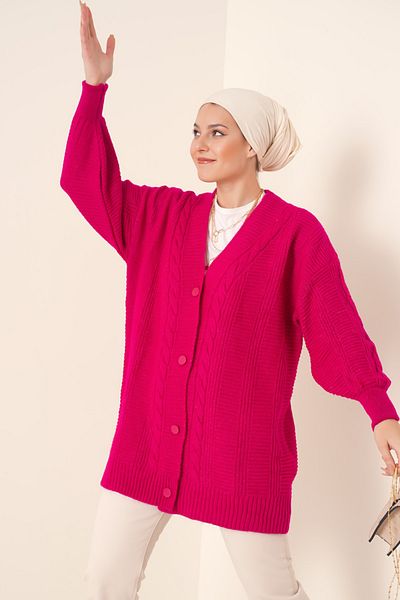 Bigdart 15768 Sötét rózsaszín haj, kötött mintás, gombos hidzsáb kötöttáru kardigán