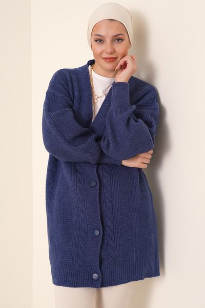 Bigdart 15768 Marineblauer Hijab-Strickpullover mit geknöpftem Haarstrickmuster