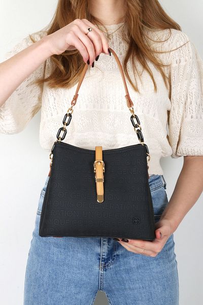 By Hakan Byhakan Dm-1270 Embossed Hand and Shoulder Bag Black Camel