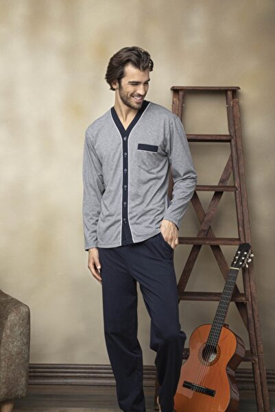 KLY 7103 Ανδρική φόρμα πιτζάμα με λαιμόκοψη V μπροστά με κουμπιά