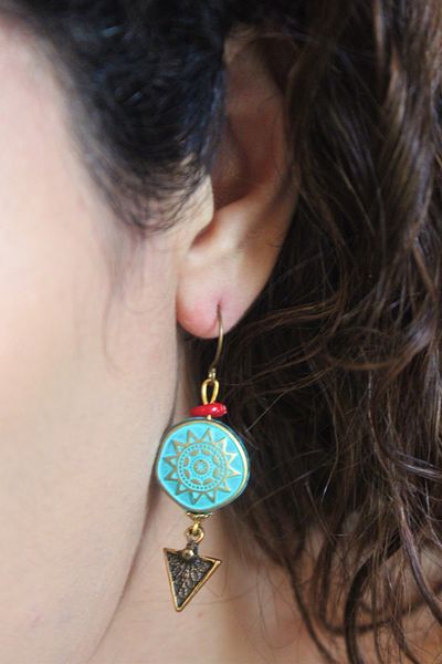 delay art Bohemian Turquoise Ethnic Earrings - Long Dangle, Women's Handmade Bijouterie Jewelry