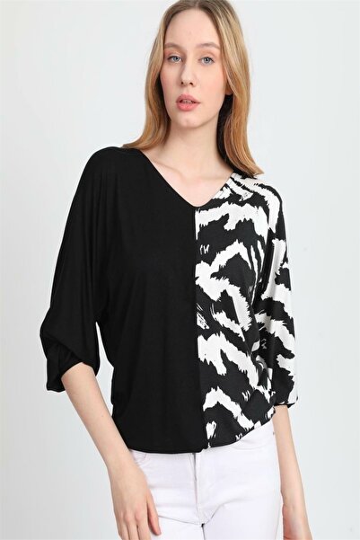 diaves Zebra Desen V Yaka Tasarım Bluz