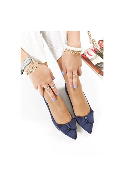 FORS SHOES Pantofi de damă clasici cu fundă din piele intoarsa de lux albastru bleumarin cu toc scurt