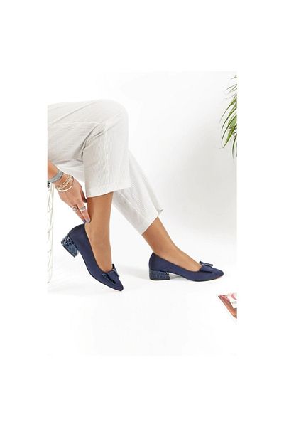 FORS SHOES Pantofi de damă clasici cu fundă din piele intoarsa de lux albastru bleumarin cu toc scurt