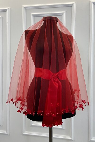 ZEYMERADE Kırmızı Uç Çiçek Ve Inci Süslemeli Sade Gelin Duvağı Seti