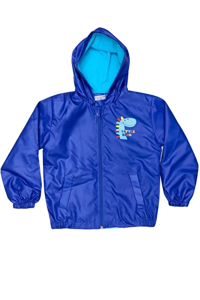 Mika Bebek & Çocuk Dinosaur Patterned Hooded Blue Boy's Raincoat