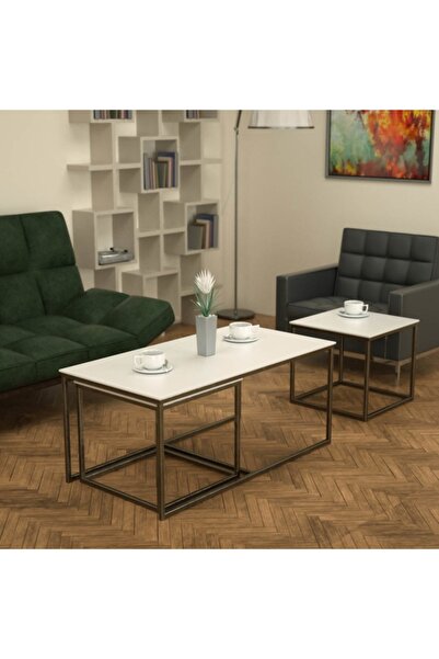 Evka Twins İç İçe Geçmiş Sehpa Eskitme Pirinç Ayak Beyaz Lake Tabla