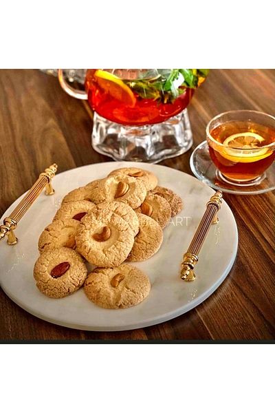 Sümeyra Marble Art Diamond Natural White Marble Presentation Tray | Promise Tray | Coffee Tray | Gold | 28cm |