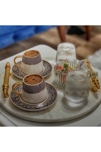 Sümeyra Marble Art Diamond Natural White Marble Presentation Tray | Promise Tray | Coffee Tray | Gold | 28cm |