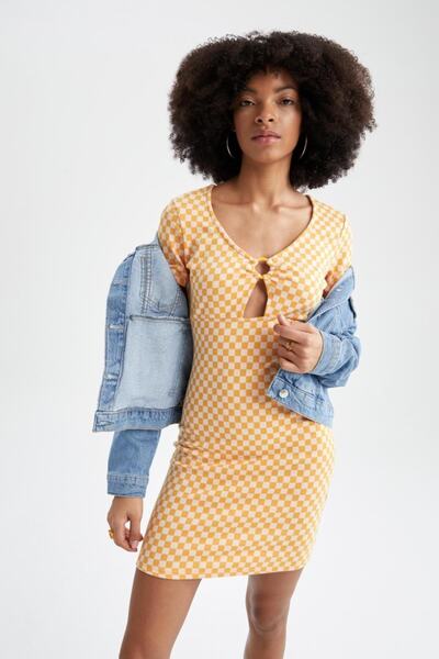 DeFacto Bodycon mini šaty s kulatým výstřihem Gingham s krátkým rukávem