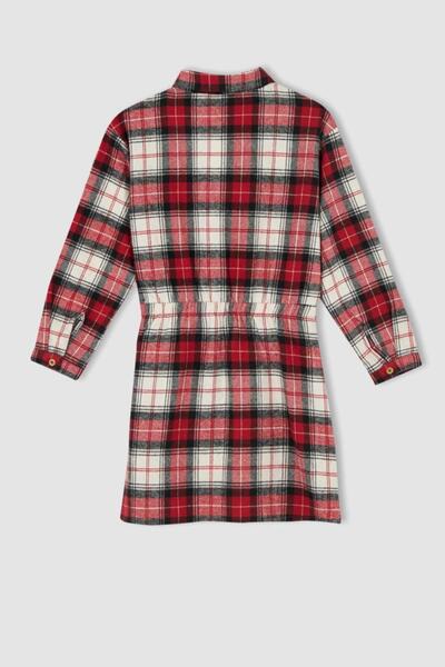 DeFacto Girl's Square Patterned Polo Neck Long Sleeve Flannel Shirt Dress