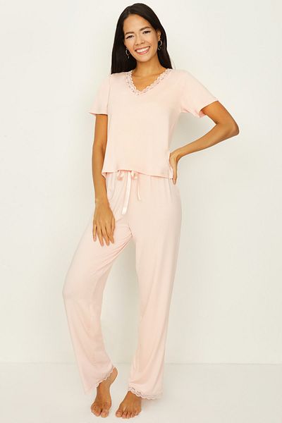 Select Moda Set de pijamale tricotate cu dantelă pudrată pentru femei