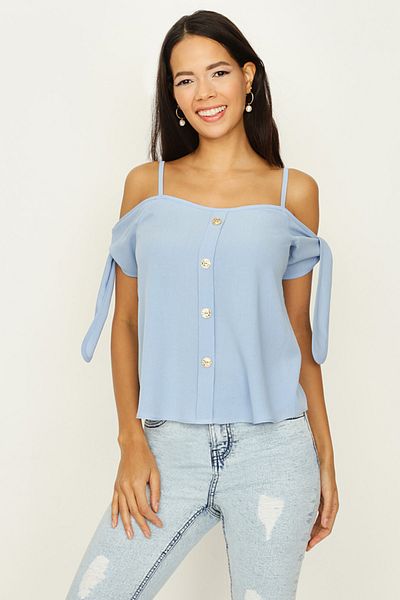 Select Moda Bluză de damă albastră cu mâneci cu guler choker