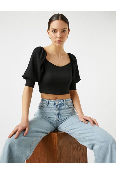 Koton Μαύρη μπλούζα U-Neck - Balloon Sleeve, Γυναικεία, 2yak13694ek