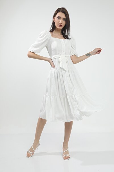 MANGOSTEEN Beyaz Kare Yaka Midi Elbise