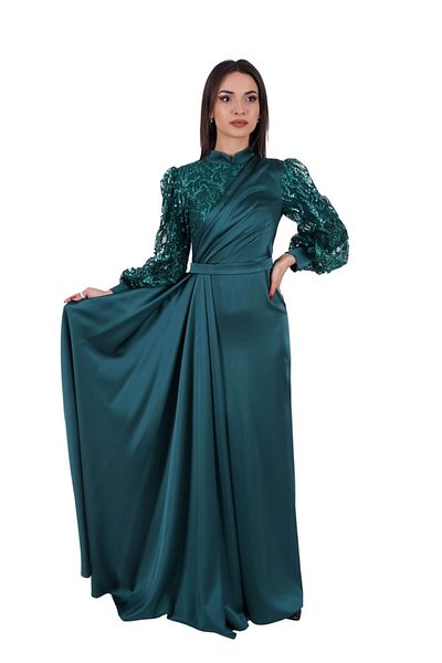 SpringStore Rochie de seara din satin cu maneca balon cu sclipici smarald
