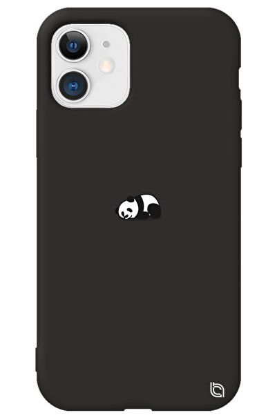WANNA PROTECT Iphone 12 Siyah Renkli Premium Içi Kadifeli Panda Desenli Silik...