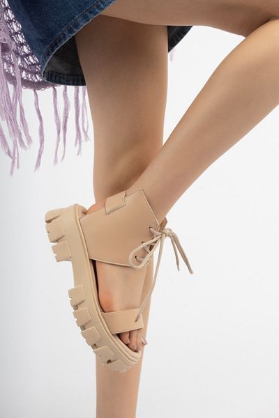 PASSAGE SHOES 6144 Γυναικεία πέδιλα με ψηλή σόλα με κορδόνια