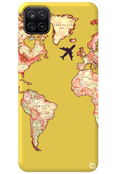 WANNA PROTECT Samsung Galaxy A12 Yellow Color Premium Velvet World Map Patter...