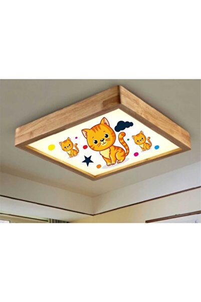 Dekor olsun Ahşap Çerçeve Tavan Led Aydınlatma Avize 60*60cm Kids Kedi Beyaz ...