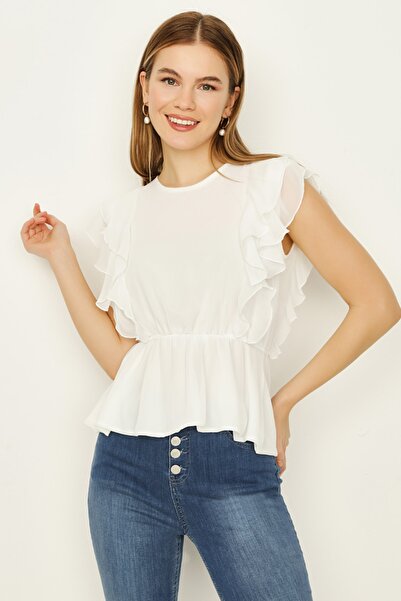 Select Moda Kadın Ekru Kolları Fırfır Detaylı Şifon Bluz