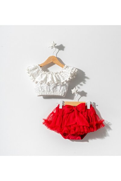 COLORED BABY Kız Bebek Ponpon Yaka Bluz Ve Fiyonk Detaylı Tütü Etek