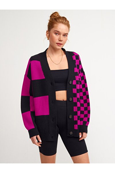 Dilvin 60127 V-Neck Plaid Patterned Knitwear Cardigan-red raspberry