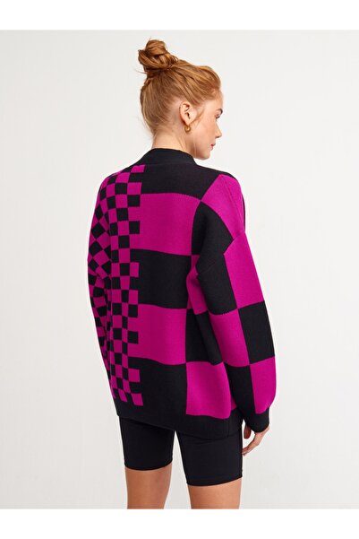 Dilvin 60127 V-Neck Plaid Patterned Knitwear Cardigan-red raspberry