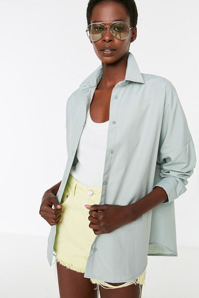 Trendyol Collection Koszula oversize z miętowej tkaniny bawełnianej - szeroki krój TWOSS22GO0669