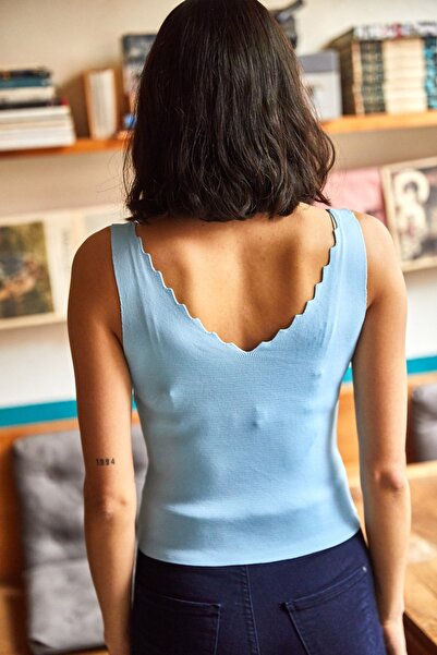 Olalook Bluză de tricotaj cu guler cu scară, albastru bebeluș, pentru femei BLZ-19001800