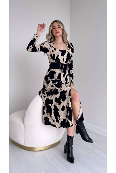 NY Women's Black Cream Gipe Viscose Belt Slit Dress